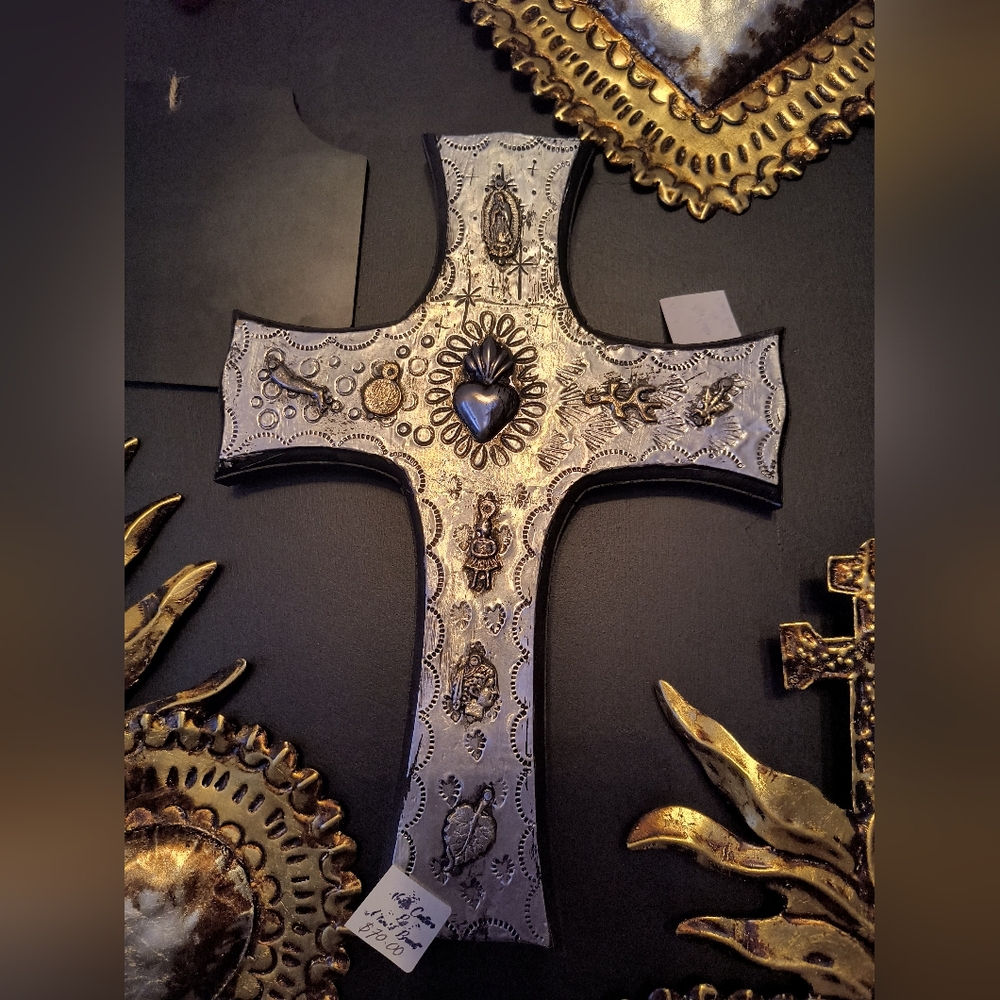 Intricate Silver and Gold Cross Sculpture